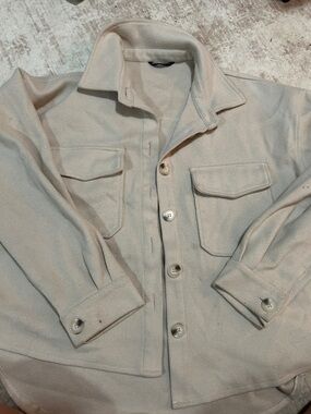 SHEIN Beige Button-Up Shacket with Chest Pockets
